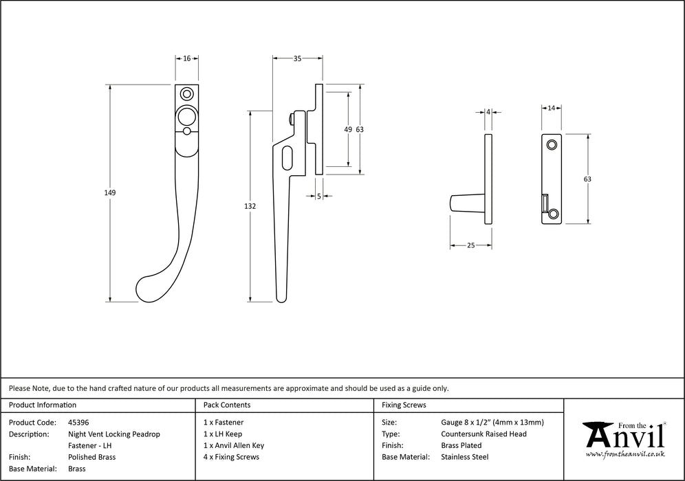 Polished Brass Night-Vent Locking Peardrop Fastener - LH