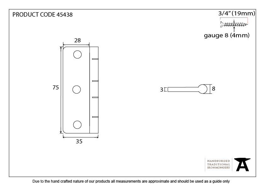 Aged Brass 3" Dummy Butt Hinge (Single)