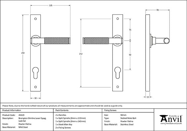 Pewter Brompton Slimline Lever Espag. Lock Set