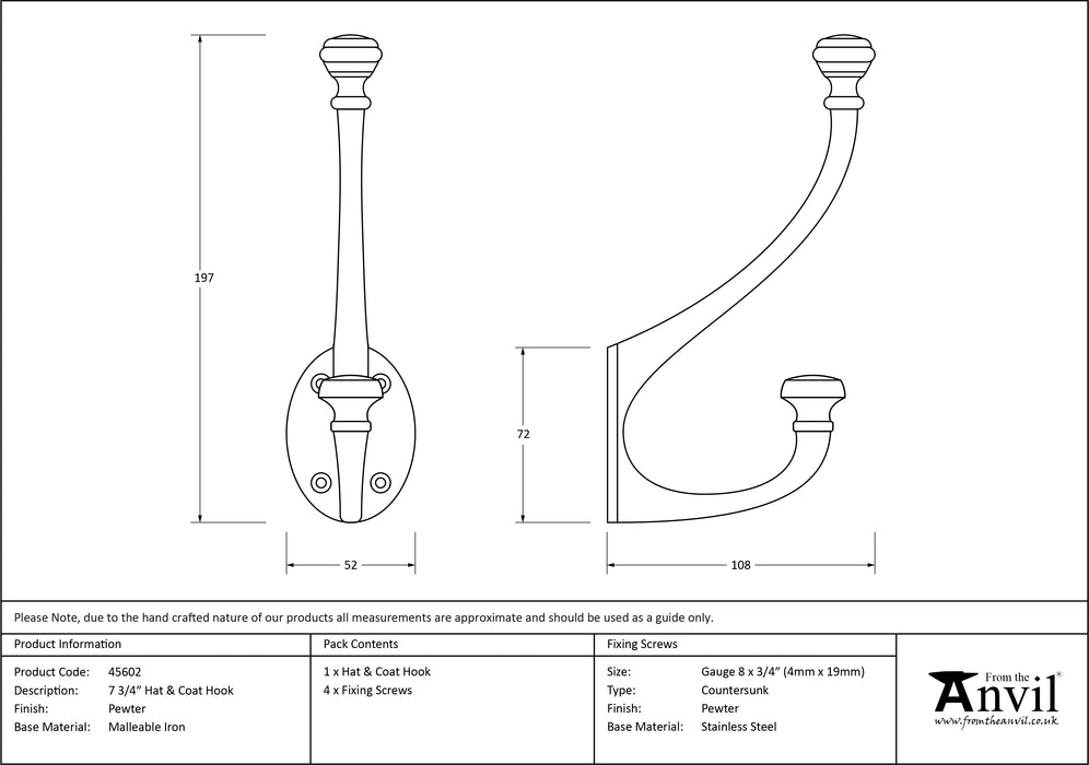 Pewter 7 3/4" Hat & Coat Hook