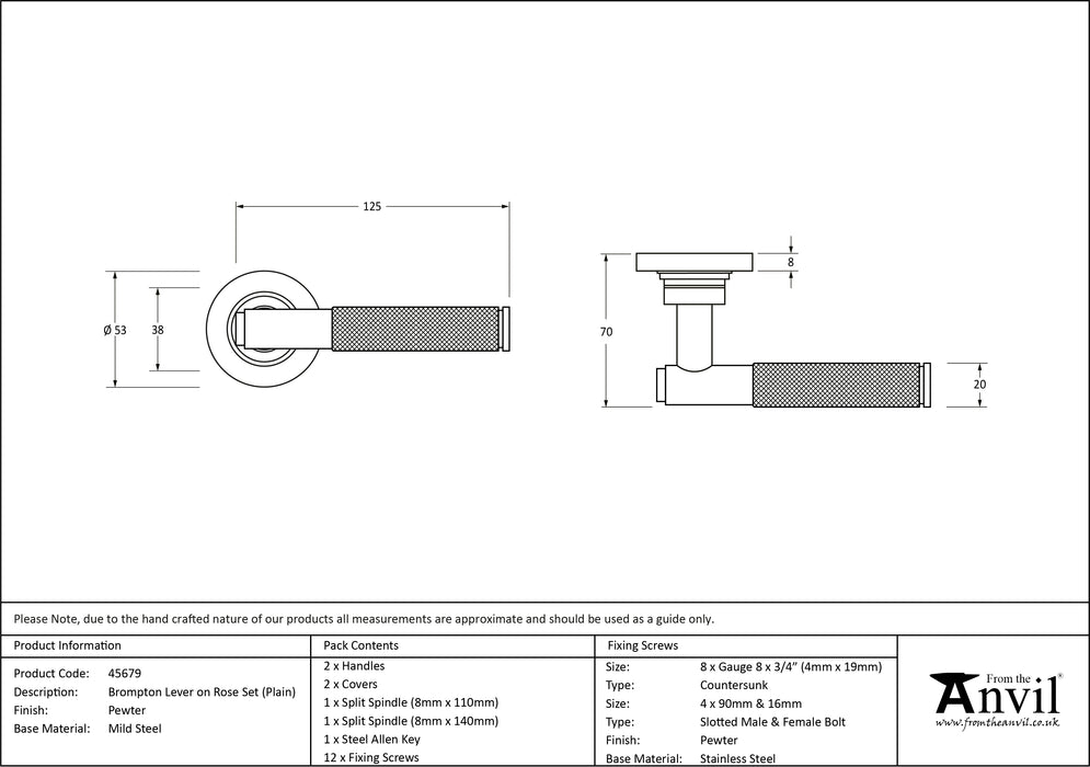 Pewter Brompton Lever on Rose Set (Plain)