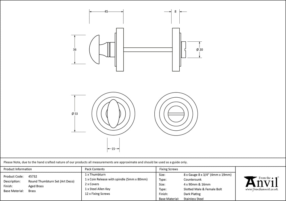 Aged Brass Round Thumbturn Set (Art Deco)