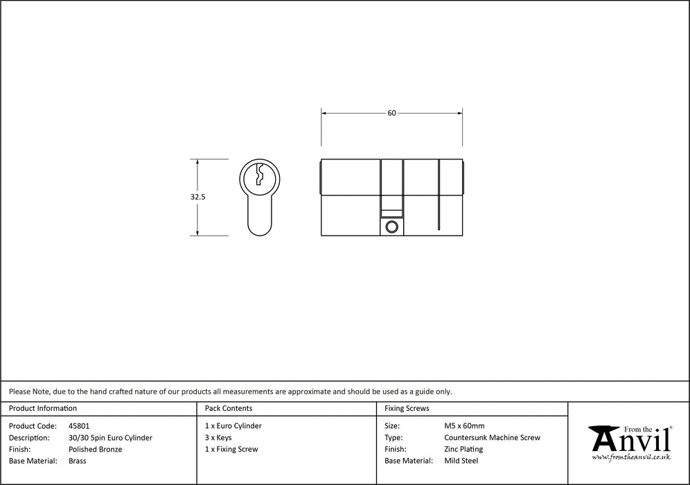 Polished Bronze 30/30 5pin Euro Cylinder