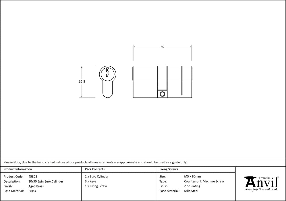 Aged Brass 30/30 5pin Euro Cylinder