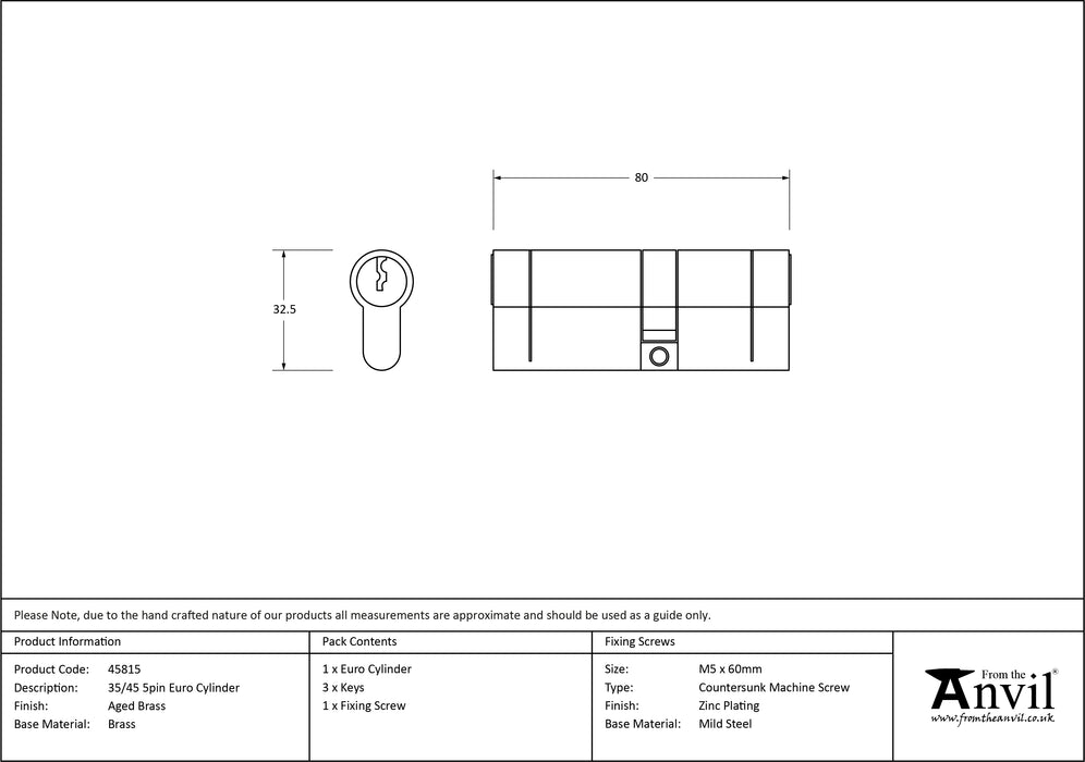 Aged Brass 35/45 5pin Euro Cylinder