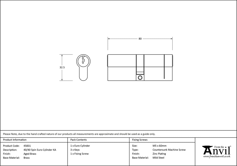 Aged Brass 40/40 5pin Euro Cylinder KA