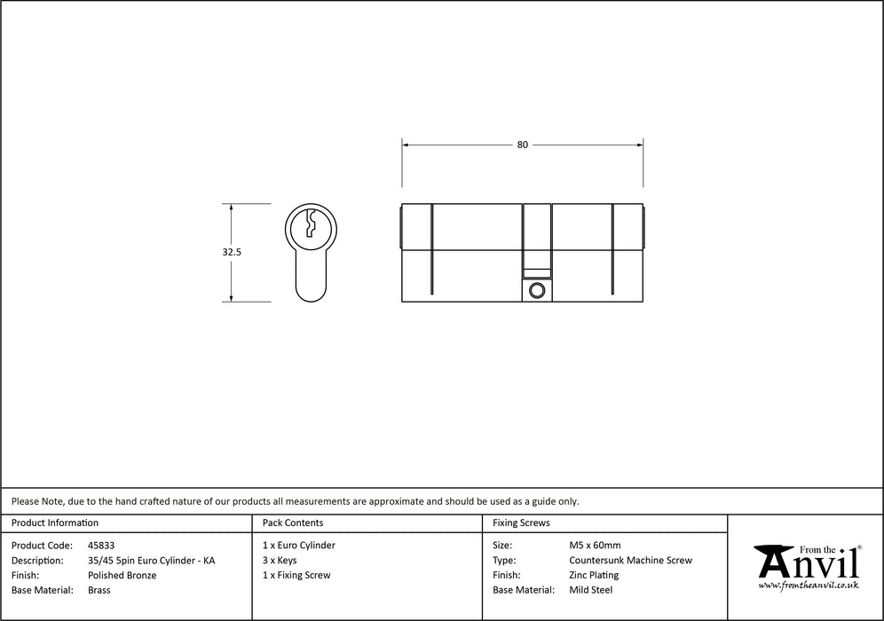 Polished Bronze 35/45 5pin Euro Cylinder KA