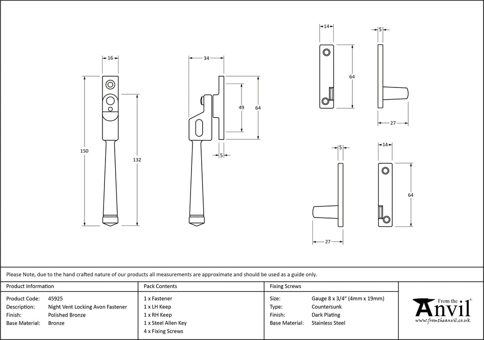 Polished Bronze Night-Vent Locking Avon Fastener