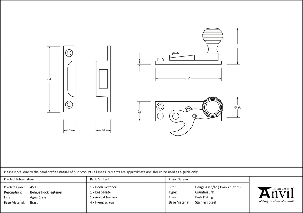 Aged Brass Beehive Sash Hook Fastener