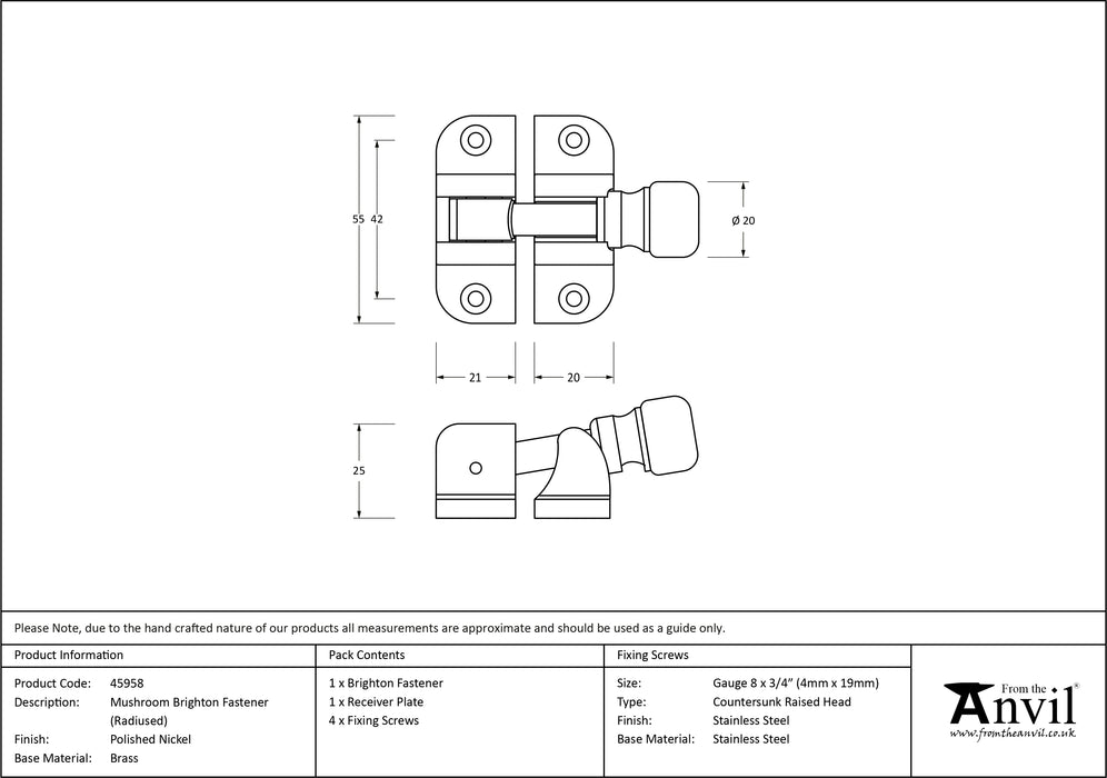 Polished Nickel Mushroom Brighton Fastener (Radiused)