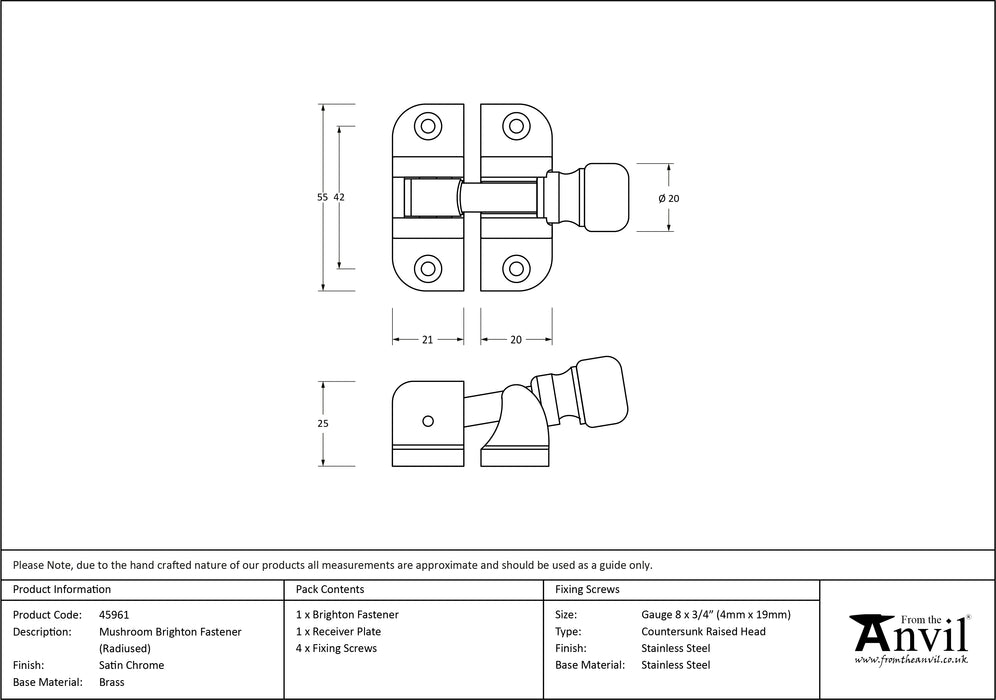 Satin Chrome Mushroom Brighton Fastener (Radiused)