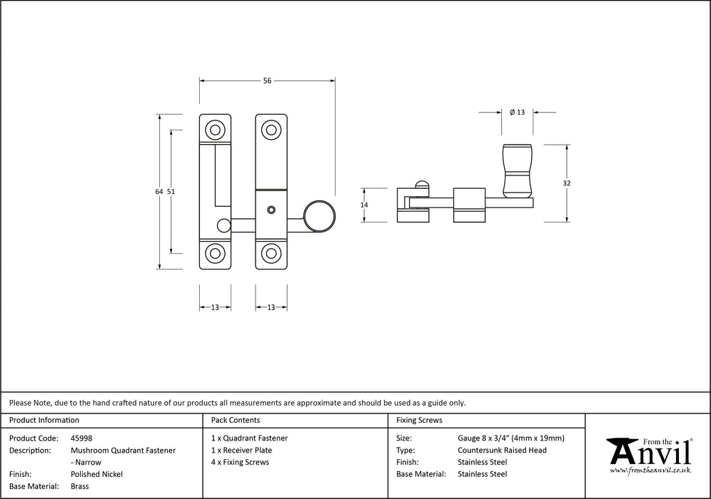 Polished Nickel Mushroom Quadrant Fastener - Narrow