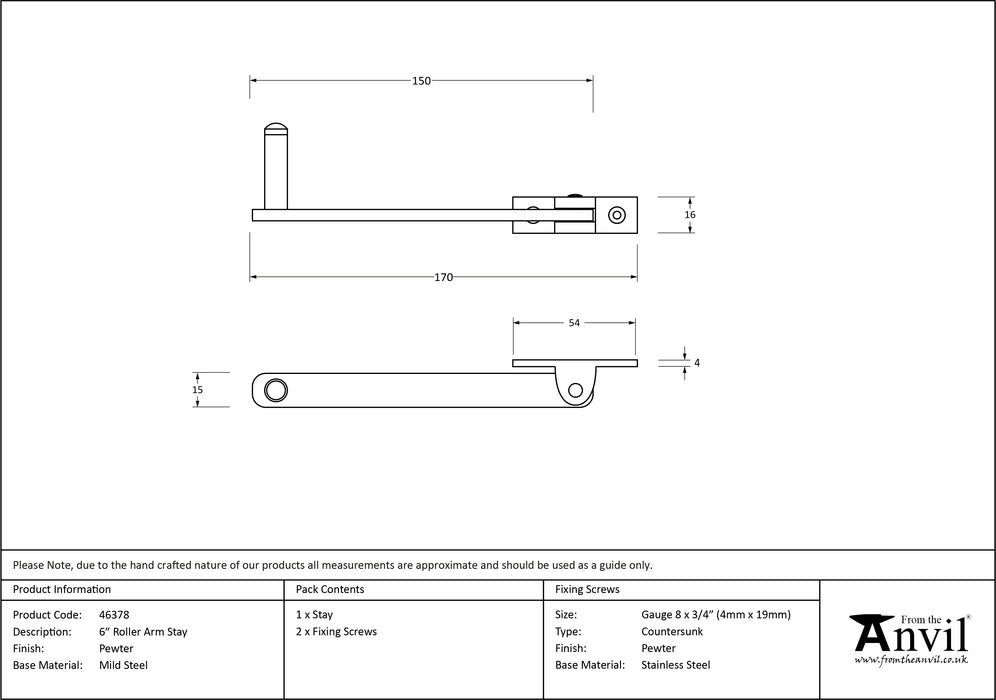 Pewter 6" Roller Arm Stay