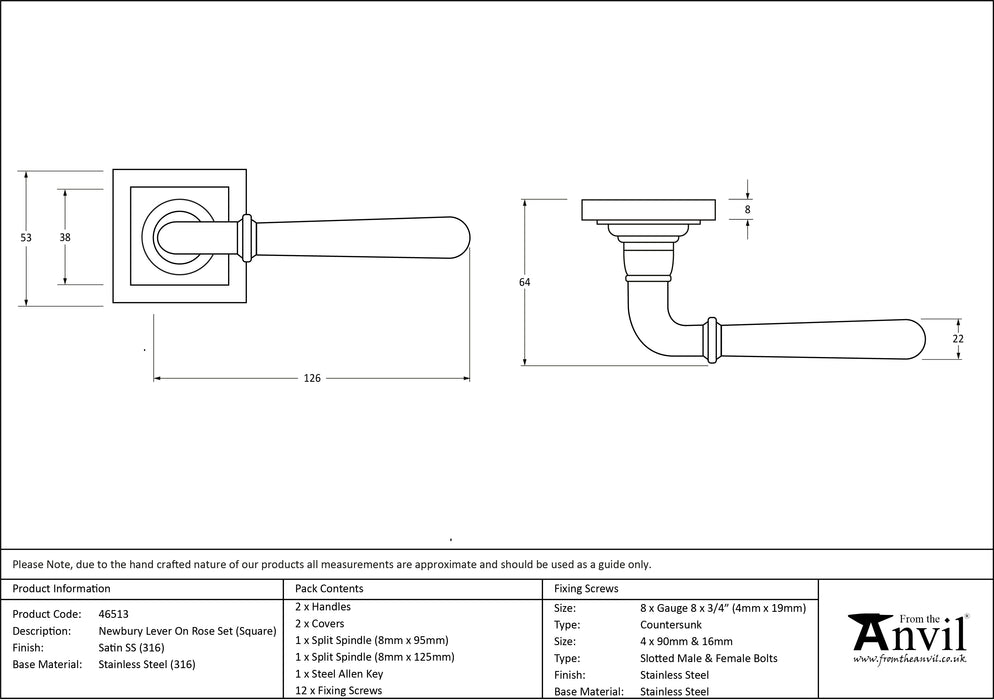 Satin Marine SS (316) Newbury Lever on Rose Set (Square)