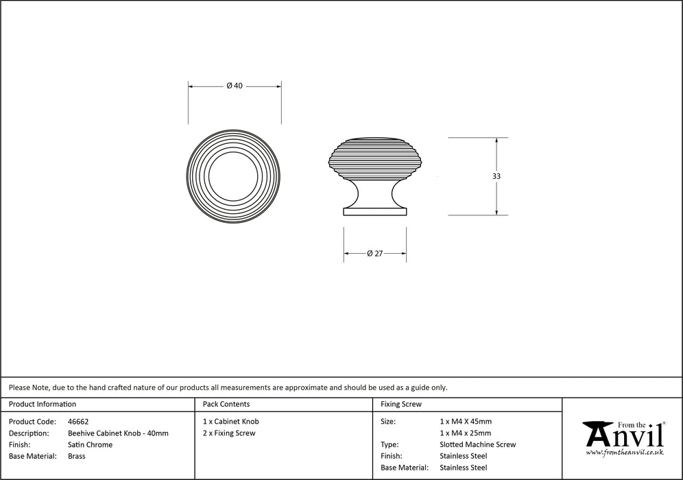 Satin Chrome Beehive Cabinet Knob 40mm