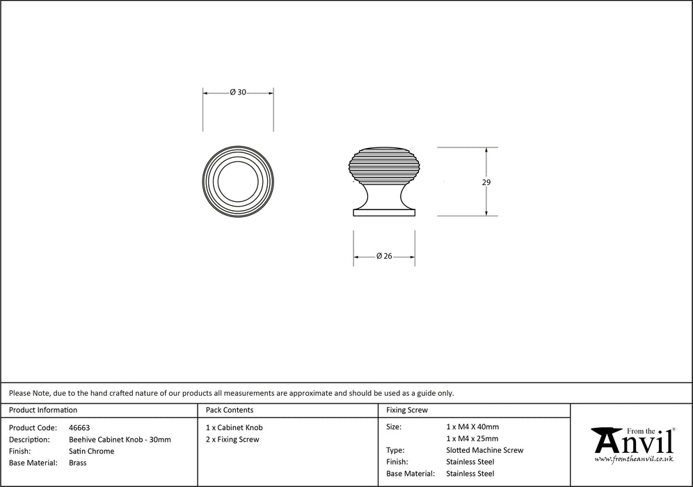 Satin Chrome Beehive Cabinet Knob 30mm