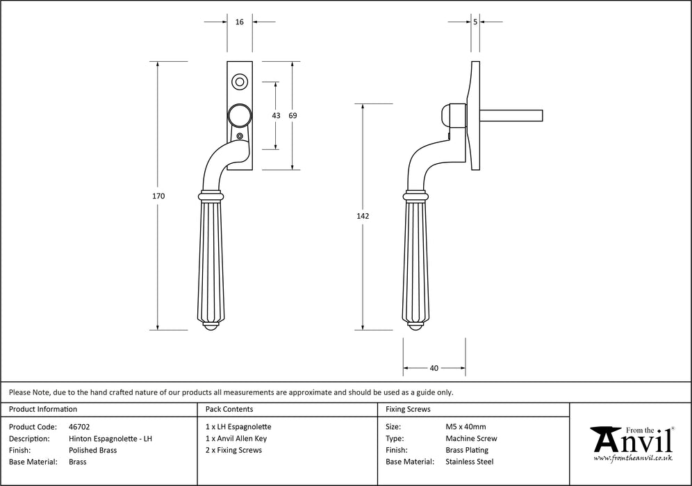 Polished Brass Hinton Espag - LH