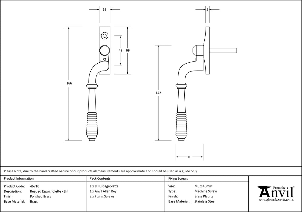 Polished Brass Reeded Espag - LH