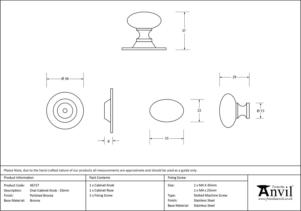 Polished Bronze Oval Cabinet Knob 33mm