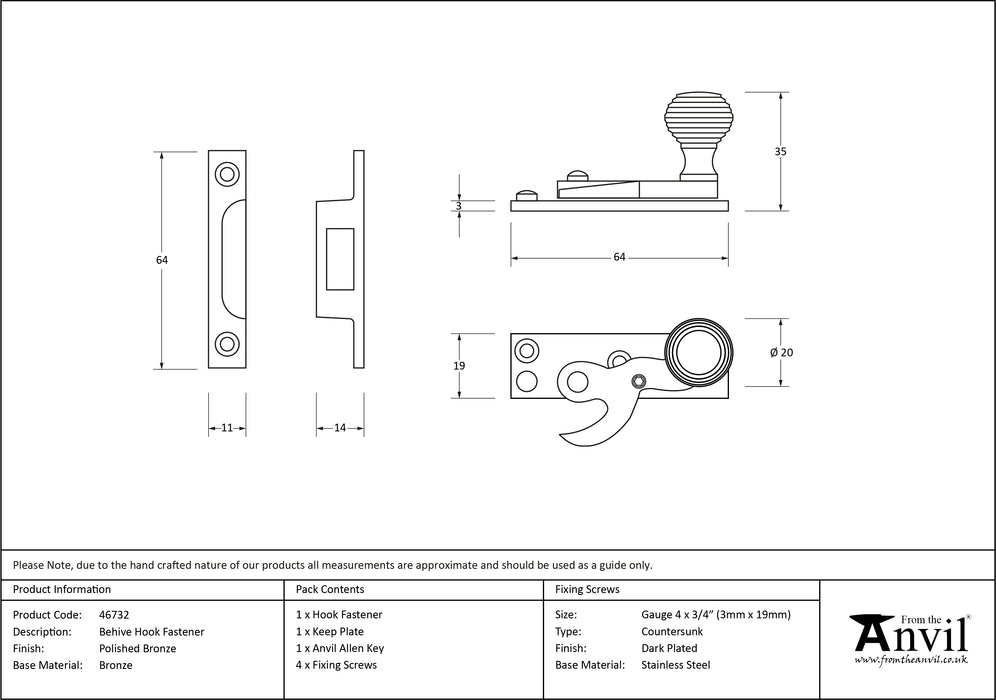 Polished Bronze Beehive Sash Hook Fastener