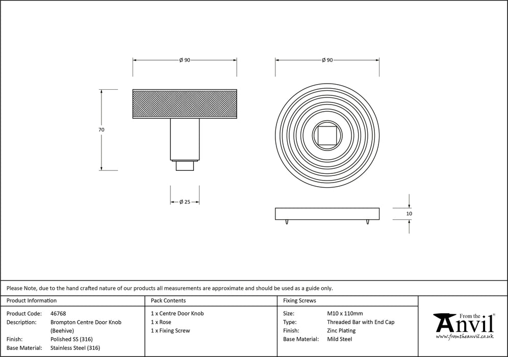 Polished Marine SS (316) Brompton Centre Door Knob (Beehive)