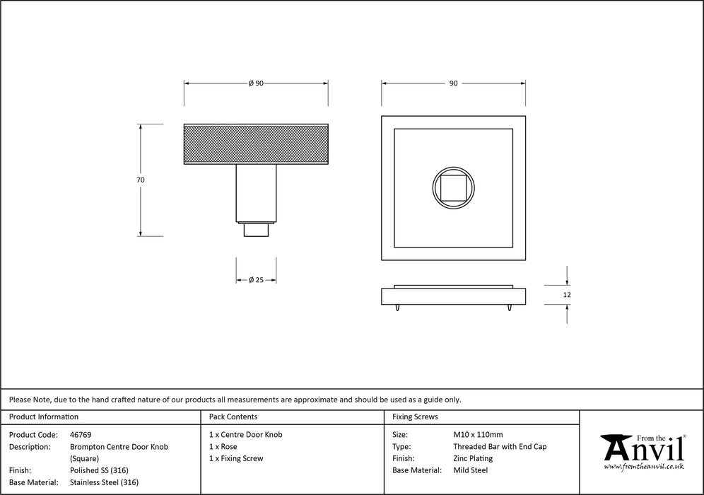 Polished Marine SS (316) Brompton Centre Door Knob (Square)