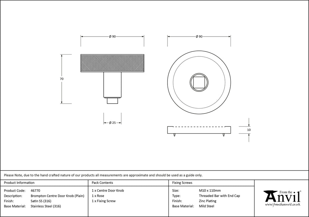 Satin Marine SS (316) Brompton Centre Door Knob (Plain)