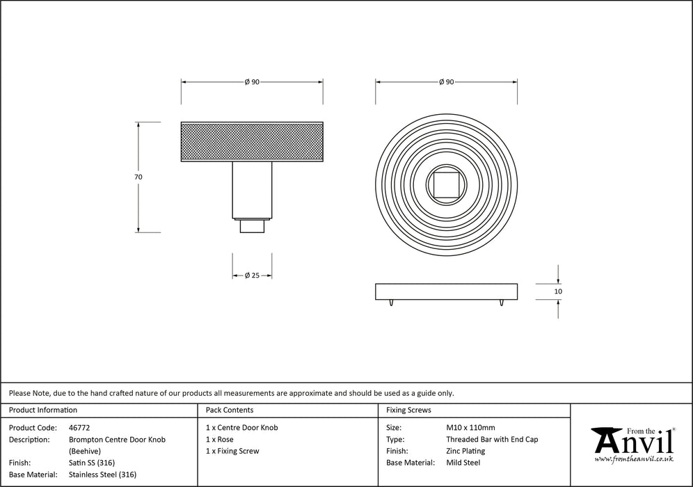 Satin Marine SS (316) Brompton Centre Door Knob (Beehive)