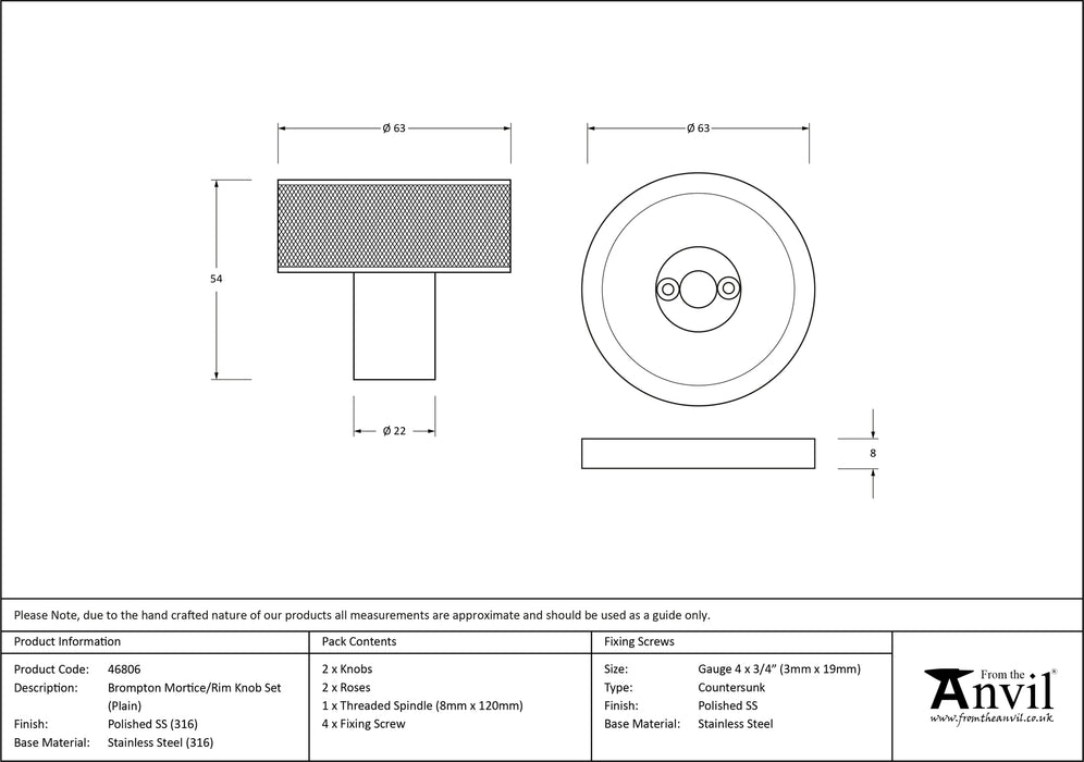 Polished Marine SS (316) Brompton Mortice/Rim Knob Set (Plain)