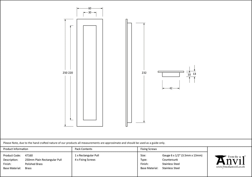 Polished Brass 250mm Plain Rectangular Pull