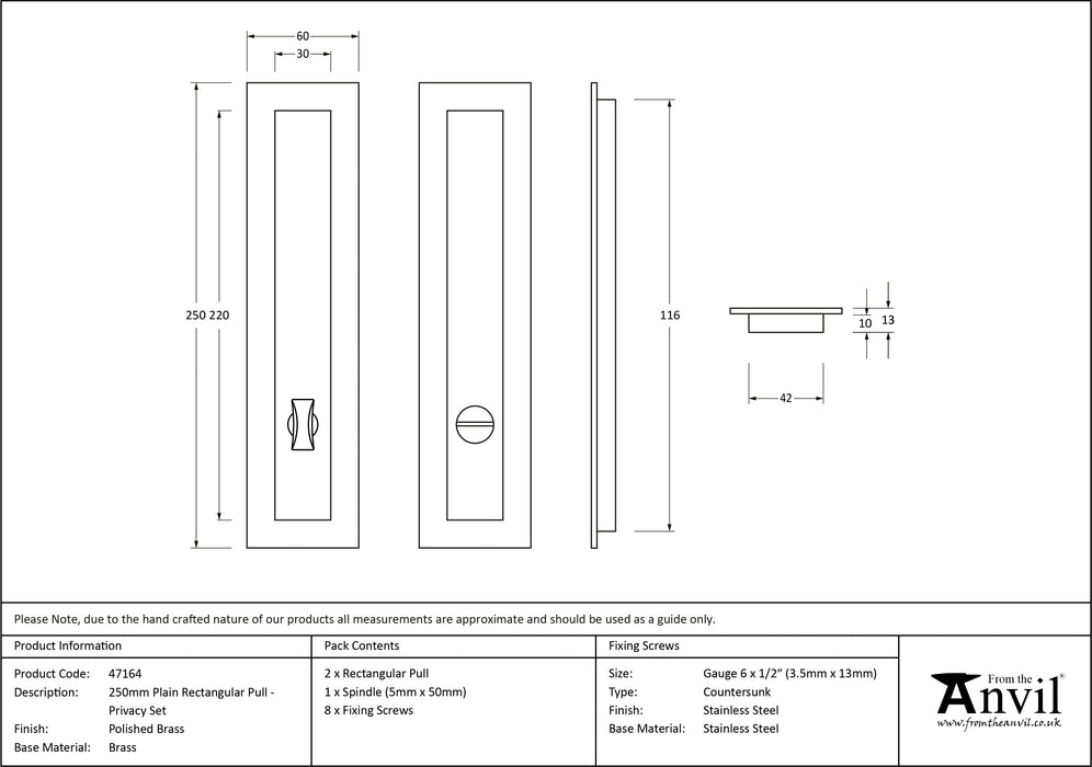 Polished Brass 250mm Plain Rectangular Pull - Privacy Set