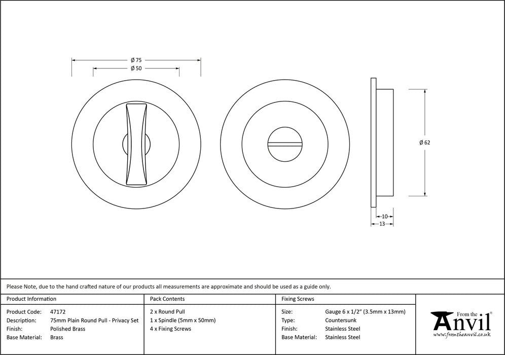 Polished Brass 75mm Plain Round Pull - Privacy Set