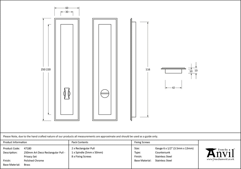 Polished Chrome 250mm Art Deco Rectangular Pull -Privacy Set