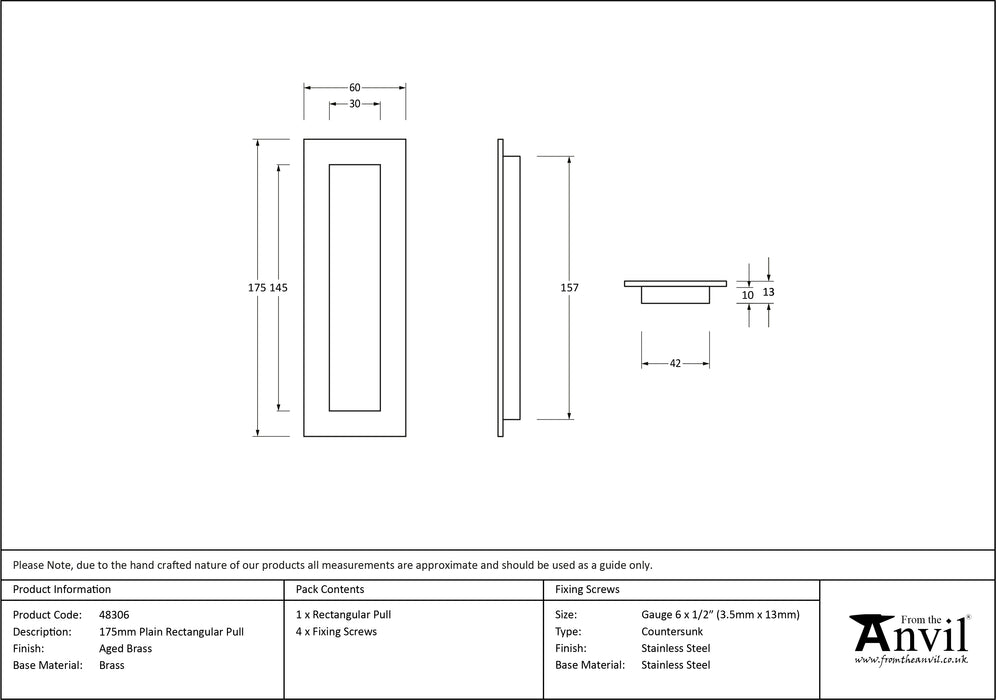 Aged Brass 175mm Plain Rectangular Pull