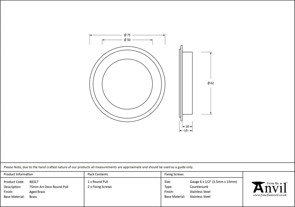 Aged Brass 75mm Art Deco Round Pull