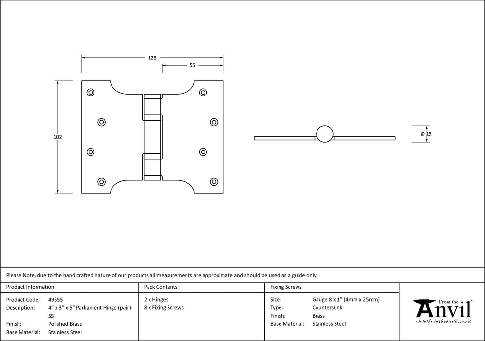 Polished Brass 4" x 3" x 5"  Parliament Hinge (pair) ss