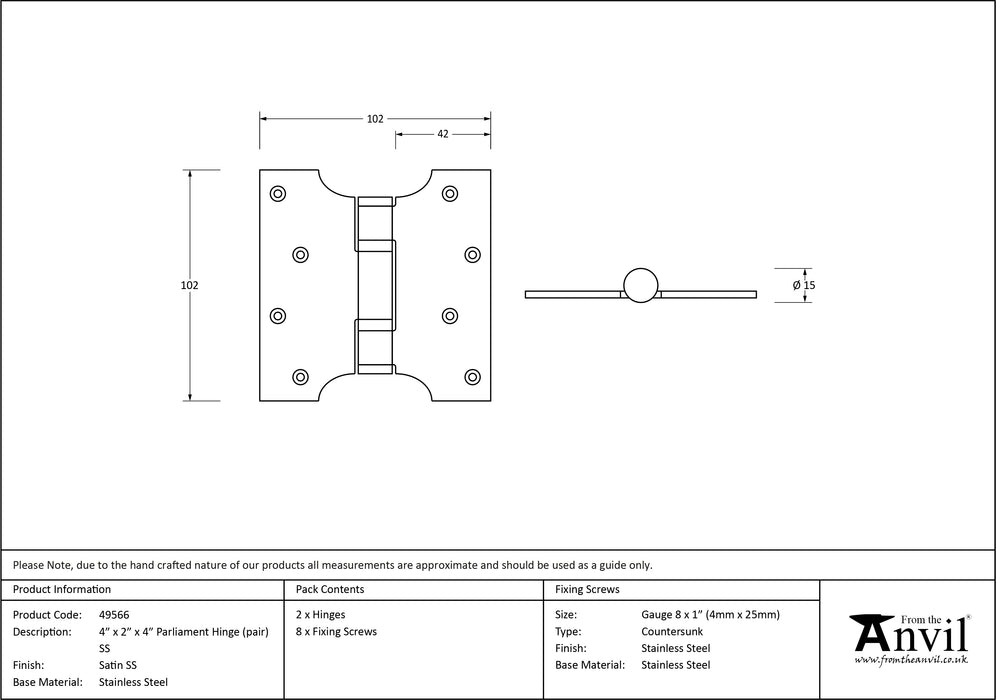 Satin SS 4" x 2" x 4"  Parliament Hinge (pair)