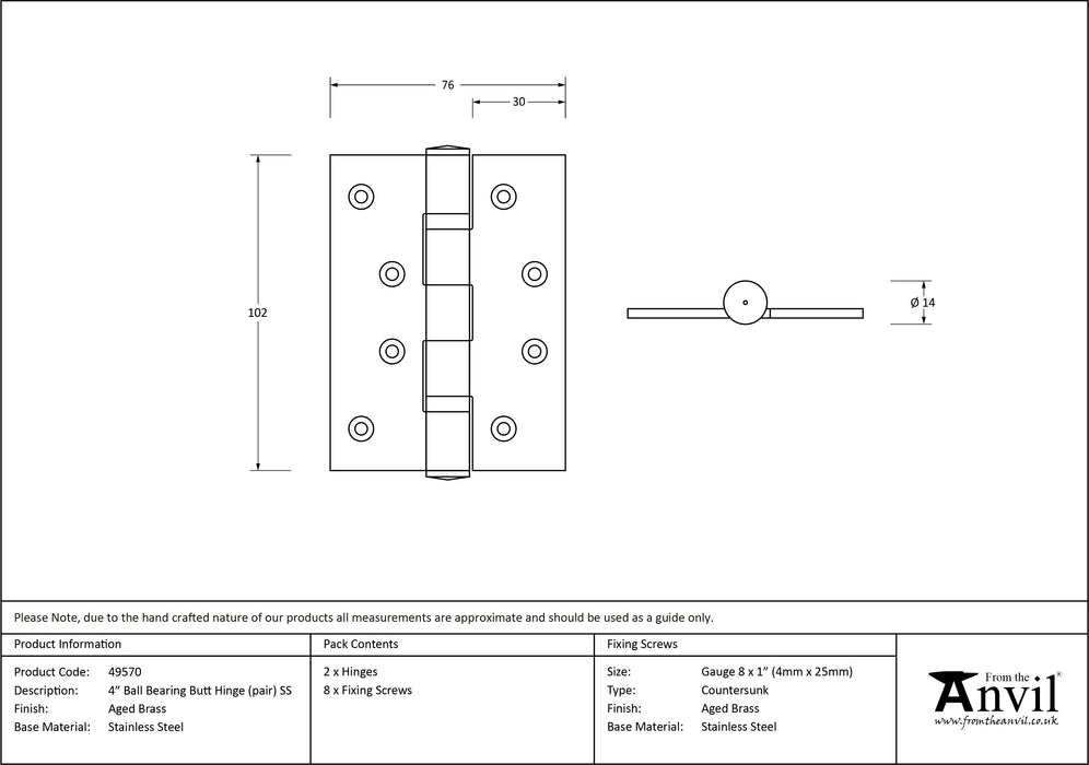 Aged Brass 4" Ball Bearing Butt Hinge (pair) ss