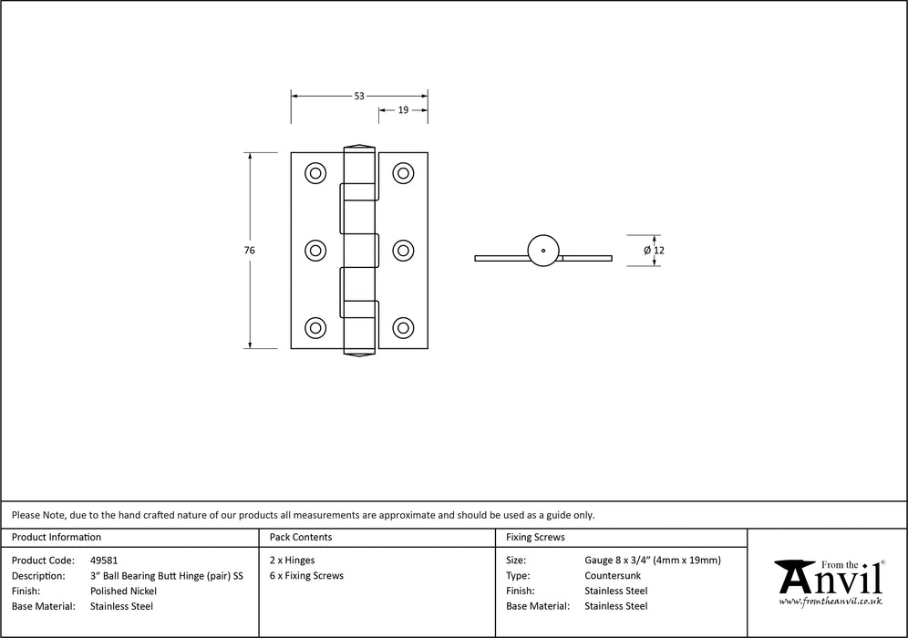 Polished Nickel 3" Ball Bearing Butt Hinge (pair) ss