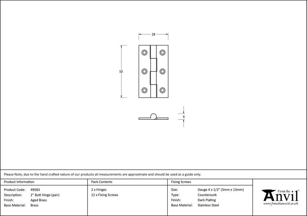 Aged Brass 2" Butt Hinge (pair)