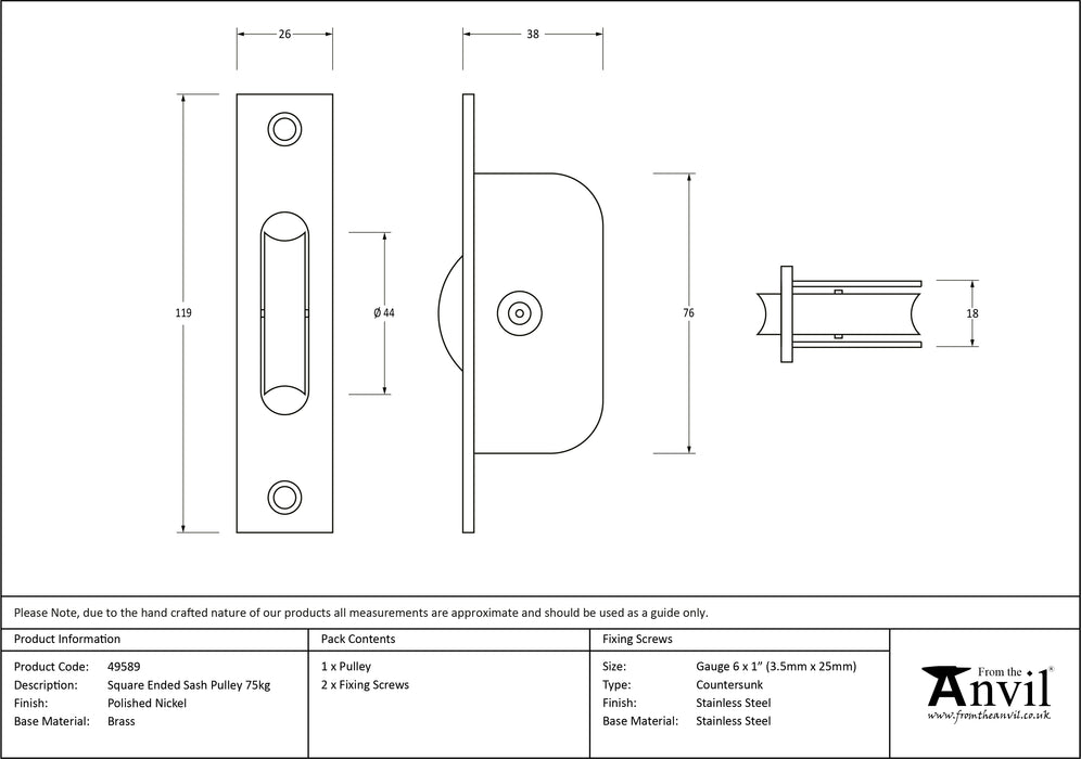 Polished Nickel Square Ended Sash Pulley 75kg