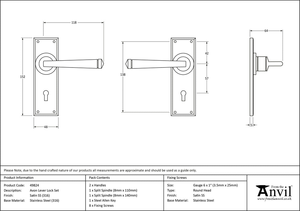 Satin Marine SS (316) Avon Lever Lock Set