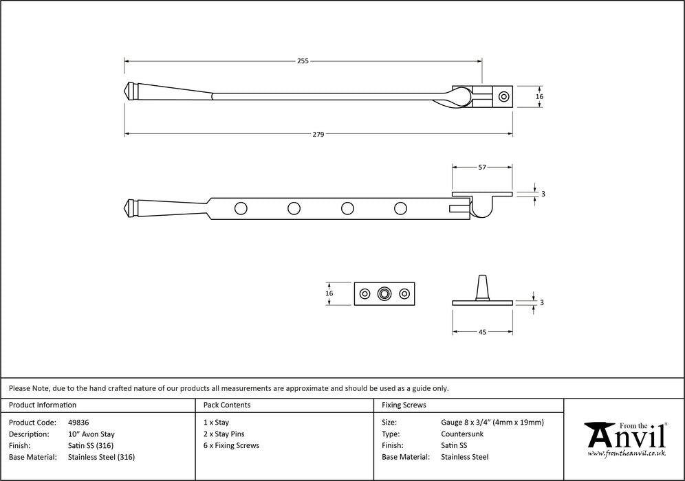 Satin Marine SS (316) 10" Avon Stay