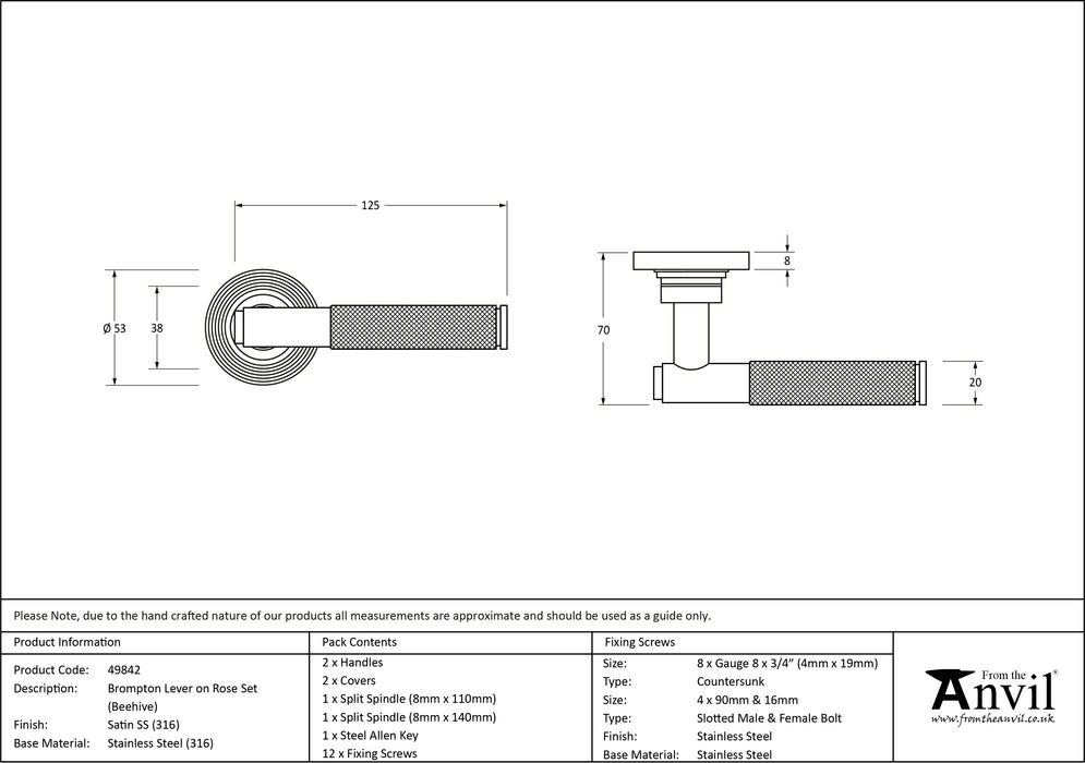 Satin Marine SS (316) Brompton Lever on Rose Set (Beehive)