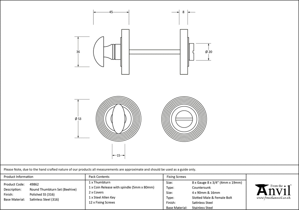 Polished Marine SS (316) Round Thumbturn Set (Beehive)