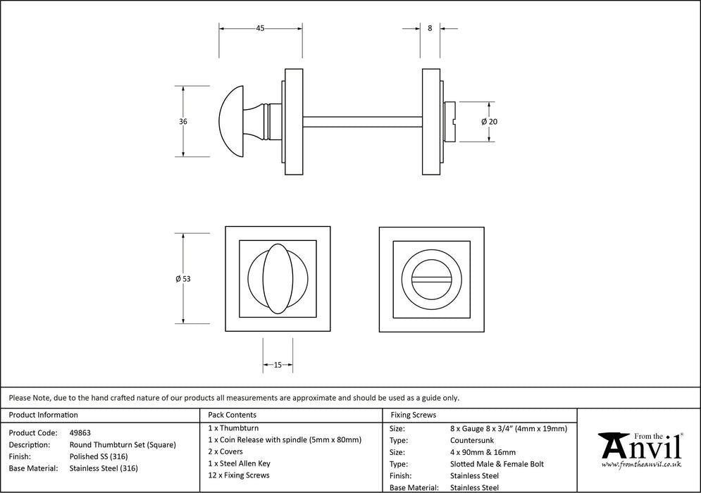 Polished Marine SS (316) Round Thumbturn Set (Square)