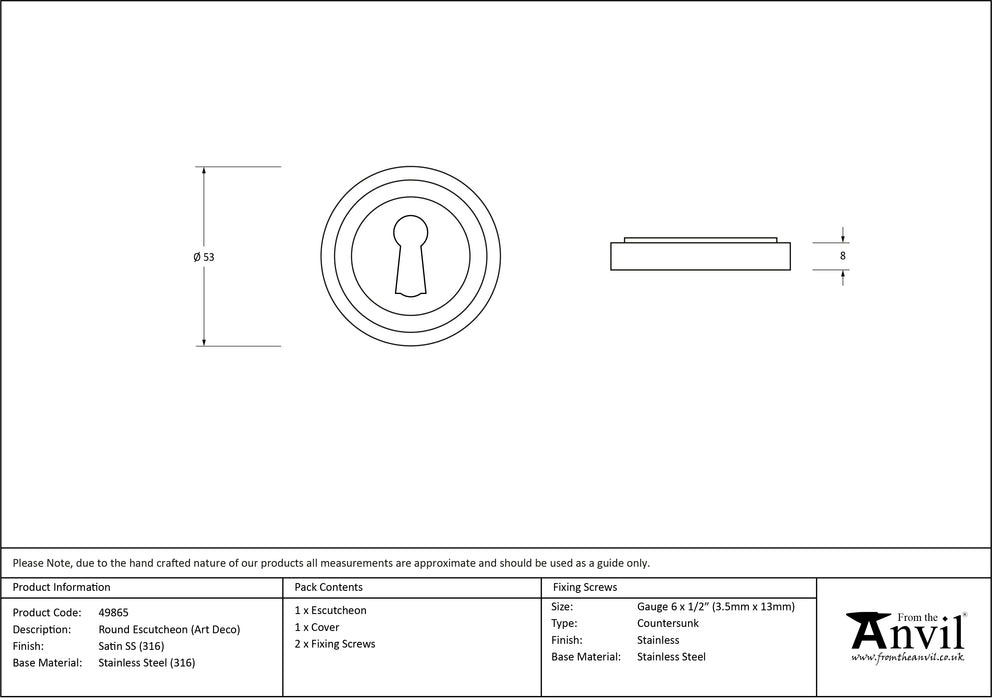 Satin Marine SS (316) Round Escutcheon (Art Deco)