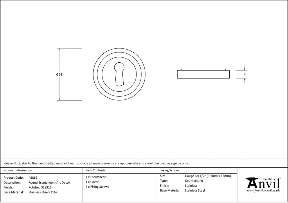 Polished Marine SS (316) Round Escutcheon (Art Deco)