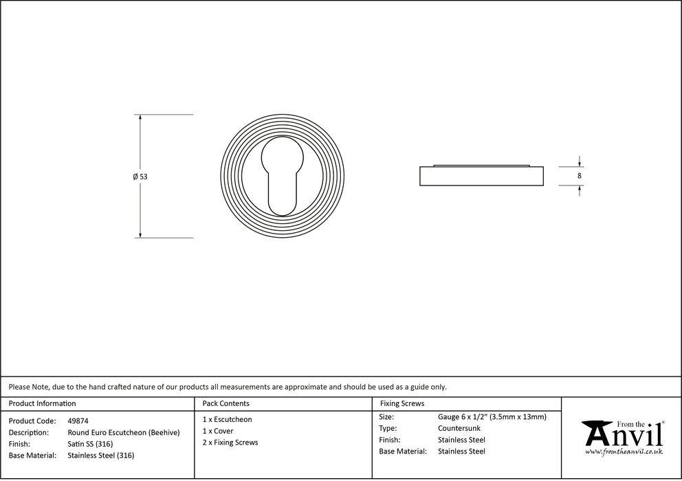 Satin Marine SS (316) Round Euro Escutcheon (Beehive)