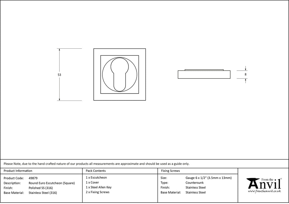 Polished Marine SS (316) Round Euro Escutcheon (Square)